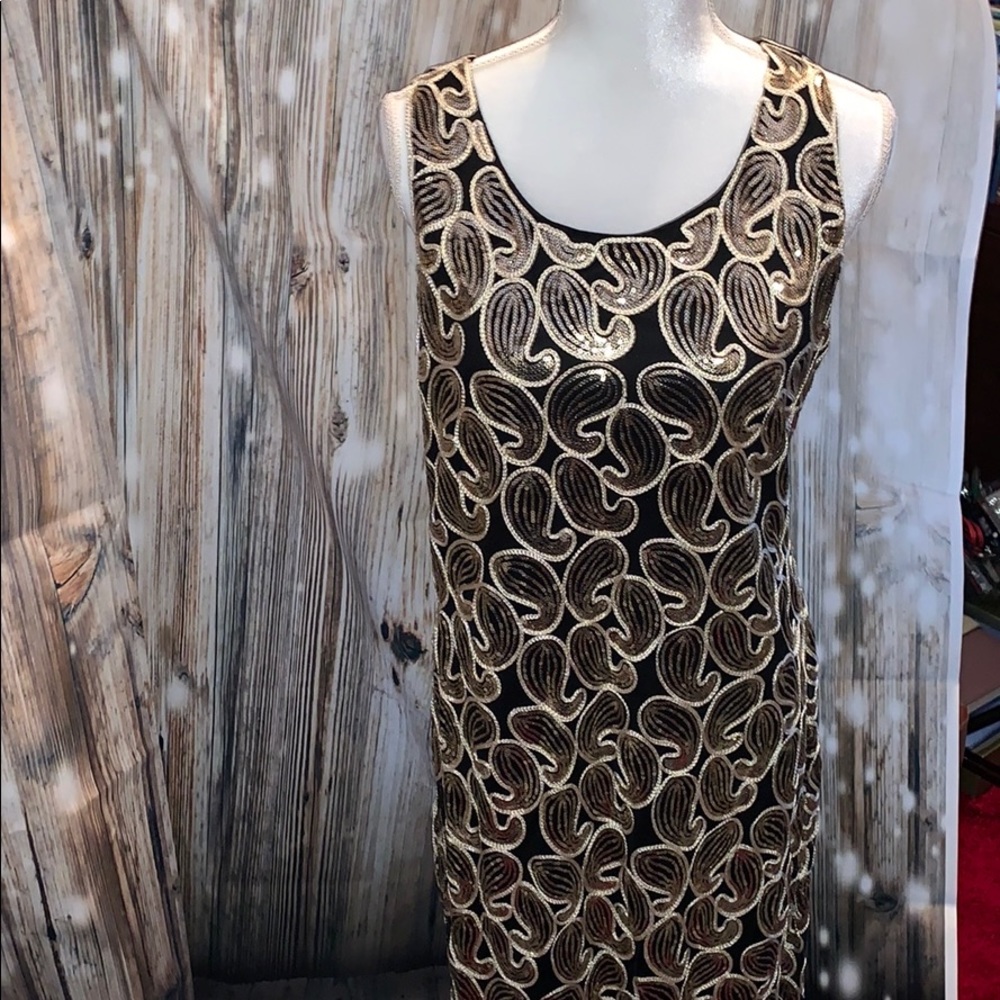 Gold Sequined Formal Dress w/ Fancy Back & Fringe